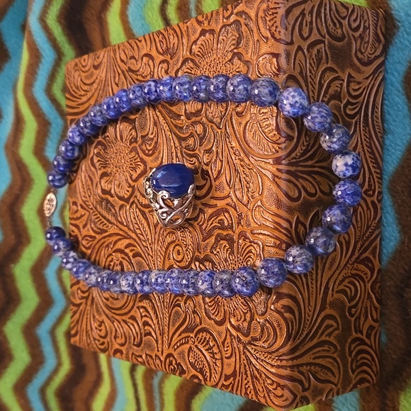 Jewelry - Lapis lazuli look natural stone blue bead necklace and Embellished Silver Ring